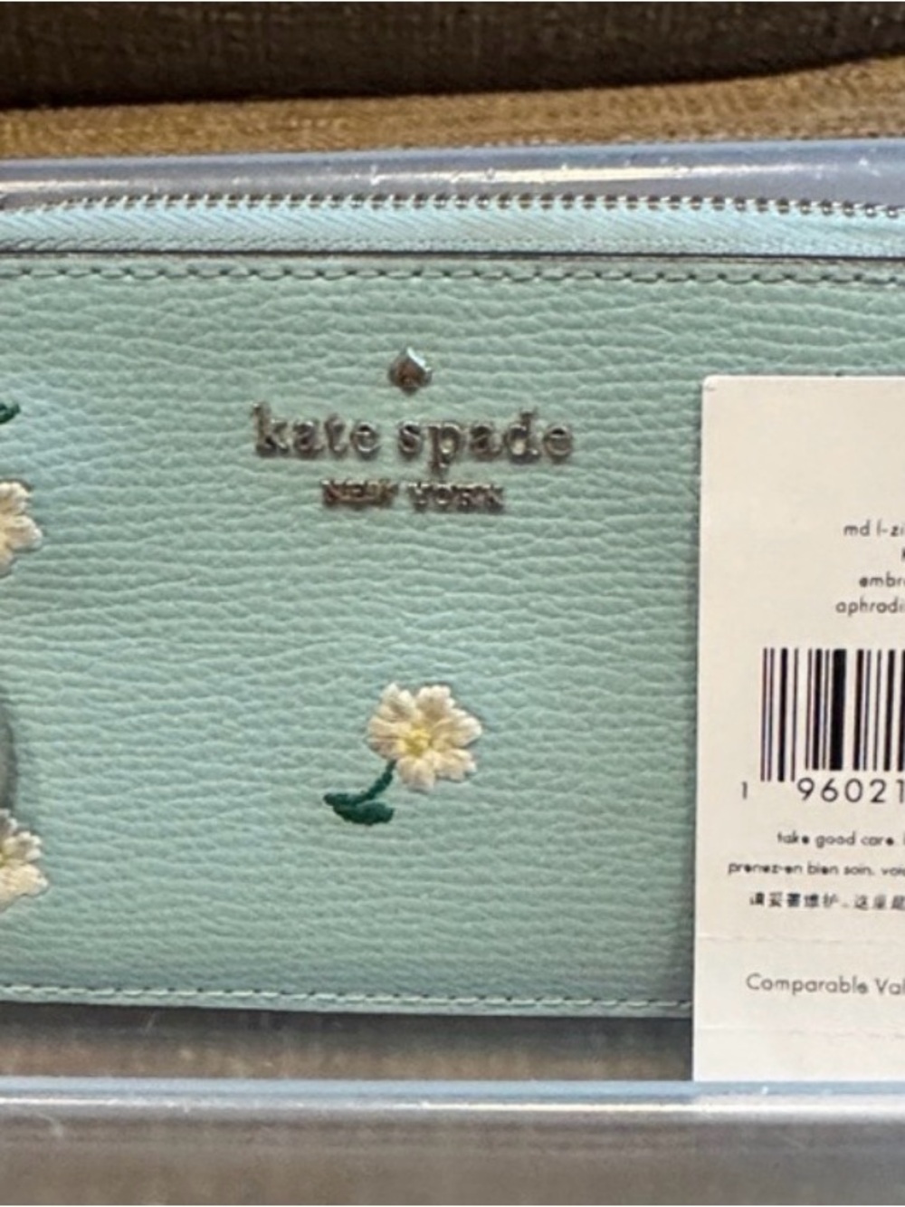 kate spade mint green floral zip card wallet
